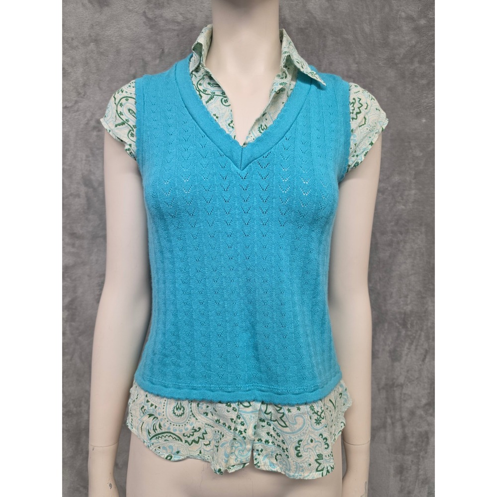 Y2K Layered Sweater Vest Top Heart & Soul Turquoise Blue Paisley Twee Small